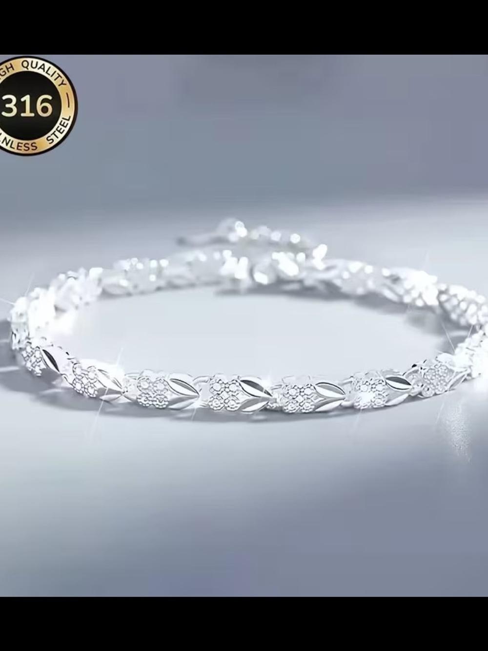 Delicate Silver Floral Link Bracelet - Polished 316 Stainless